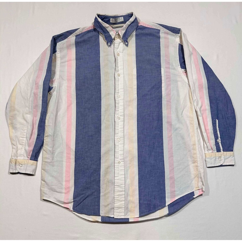 John Ashford Sport Mens Large Striped Cotton Chambray Button Down Shirt Blue